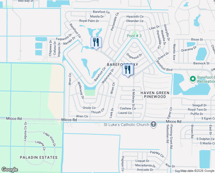 map of restaurants, bars, coffee shops, grocery stores, and more near 828 Wren Circle in Sebastian