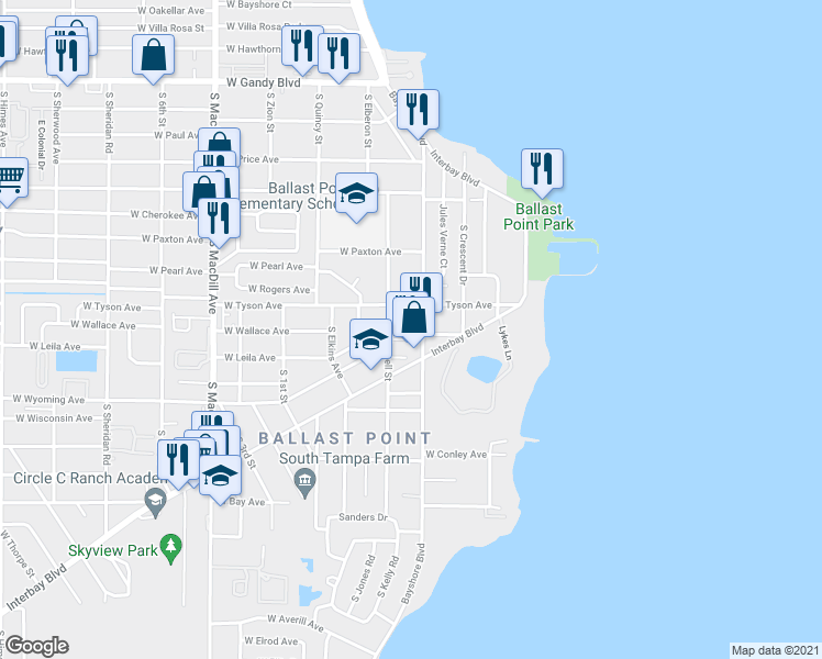 map of restaurants, bars, coffee shops, grocery stores, and more near 5411 Bayshore Boulevard in Tampa
