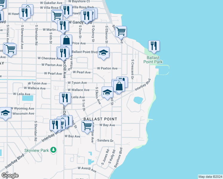 map of restaurants, bars, coffee shops, grocery stores, and more near 2709 West Leila Avenue in Tampa