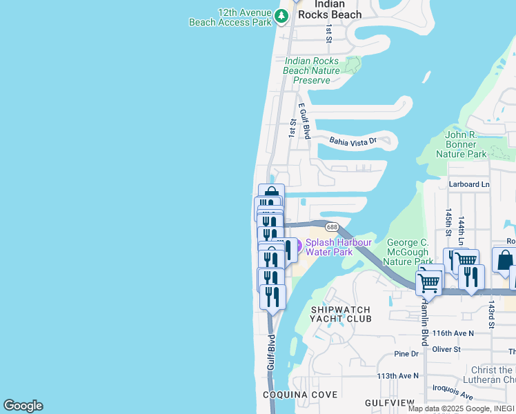 map of restaurants, bars, coffee shops, grocery stores, and more near 512 Beach Trail in Indian Rocks Beach