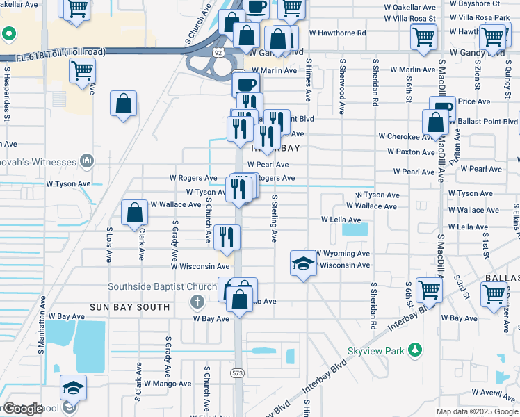 map of restaurants, bars, coffee shops, grocery stores, and more near 3708 West Wallace Avenue in Tampa