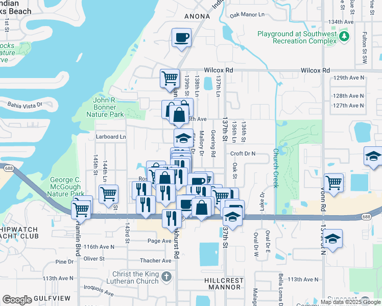 map of restaurants, bars, coffee shops, grocery stores, and more near 12301 Indian Rocks Road in Largo