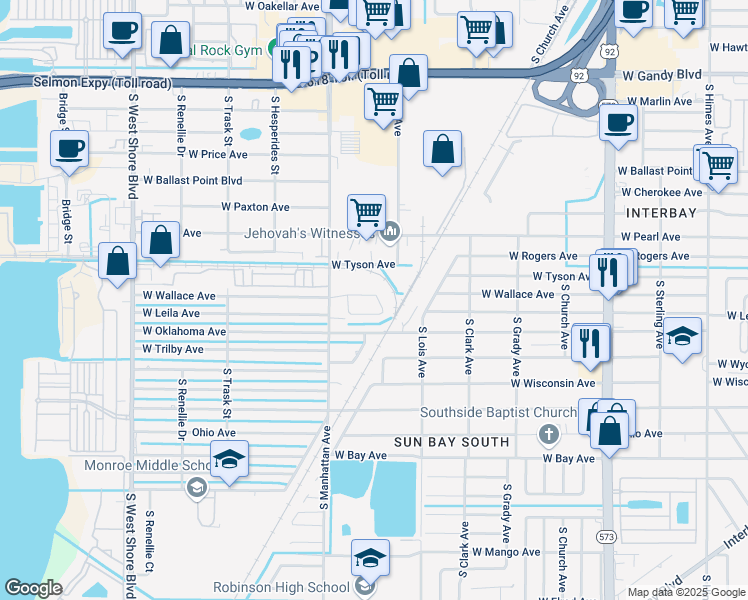 map of restaurants, bars, coffee shops, grocery stores, and more near 4338 Wallace Circle in Tampa