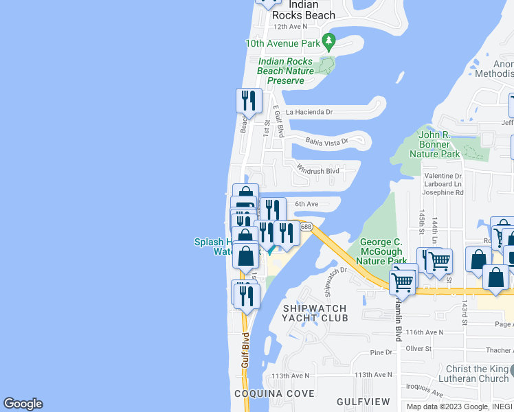 map of restaurants, bars, coffee shops, grocery stores, and more near 104 1st Street in Indian Rocks Beach