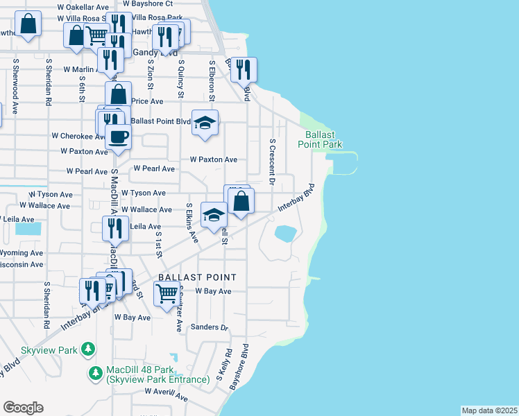 map of restaurants, bars, coffee shops, grocery stores, and more near 2609 West Lykes Court in Tampa