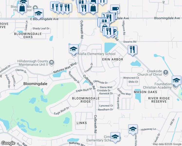 map of restaurants, bars, coffee shops, grocery stores, and more near 3834 Cold Creek Drive in Valrico