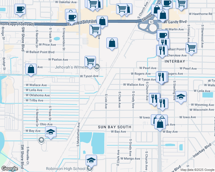 map of restaurants, bars, coffee shops, grocery stores, and more near 4109 West Leila Avenue in Tampa