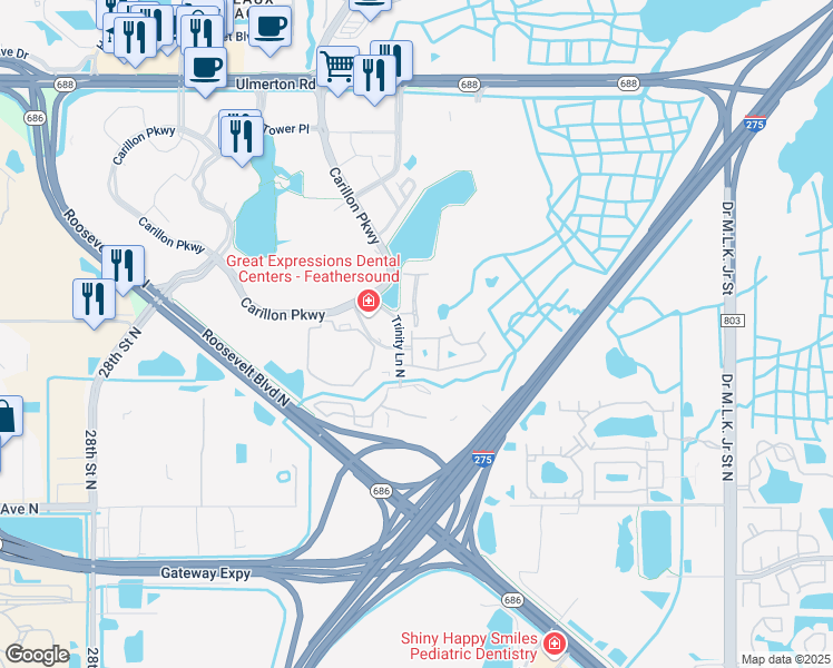 map of restaurants, bars, coffee shops, grocery stores, and more near 286 Valencia Circle in Saint Petersburg