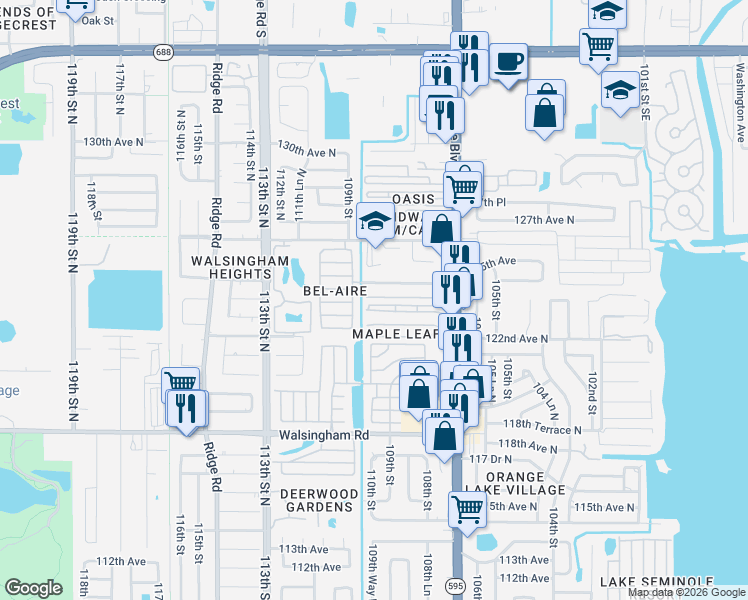 map of restaurants, bars, coffee shops, grocery stores, and more near 10992 124th Avenue North in Seminole