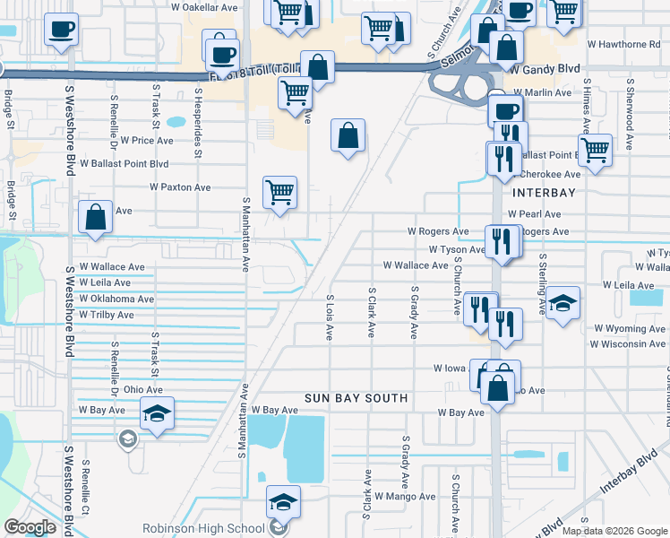 map of restaurants, bars, coffee shops, grocery stores, and more near 4109 West Leila Avenue in Tampa
