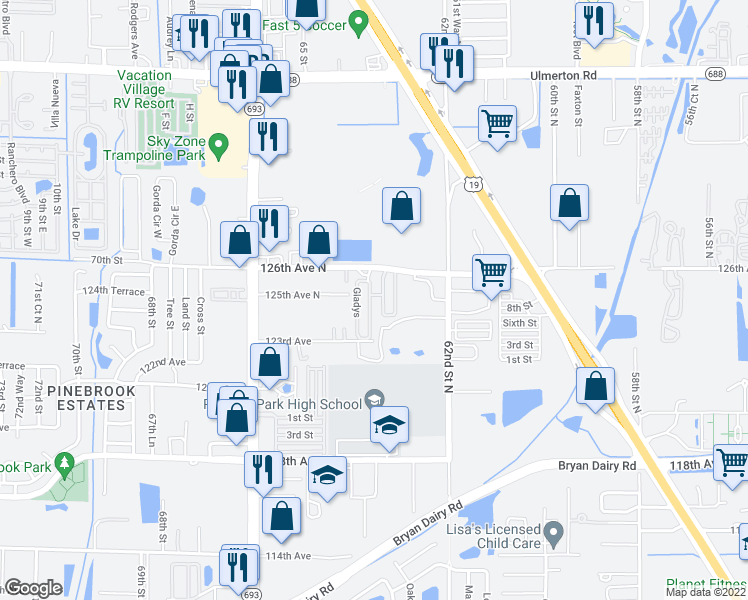 map of restaurants, bars, coffee shops, grocery stores, and more near 78 Bruce Boulevard East in Largo