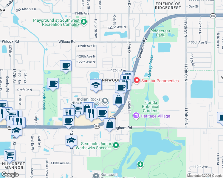 map of restaurants, bars, coffee shops, grocery stores, and more near 12501 Ulmerton Road in Largo