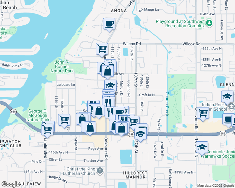 map of restaurants, bars, coffee shops, grocery stores, and more near 12301 Indian Rocks Road in Largo