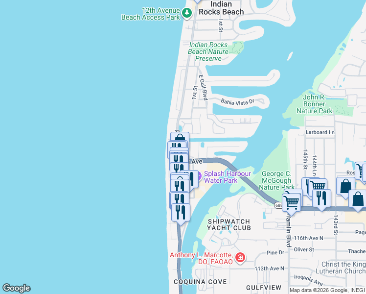 map of restaurants, bars, coffee shops, grocery stores, and more near 104 1st Street in Indian Rocks Beach
