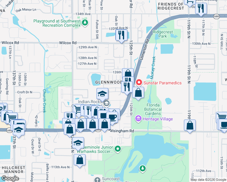 map of restaurants, bars, coffee shops, grocery stores, and more near 12501 Ulmerton Road in Largo