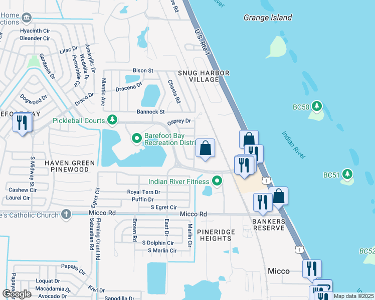 map of restaurants, bars, coffee shops, grocery stores, and more near 410 Plover Drive in Micco