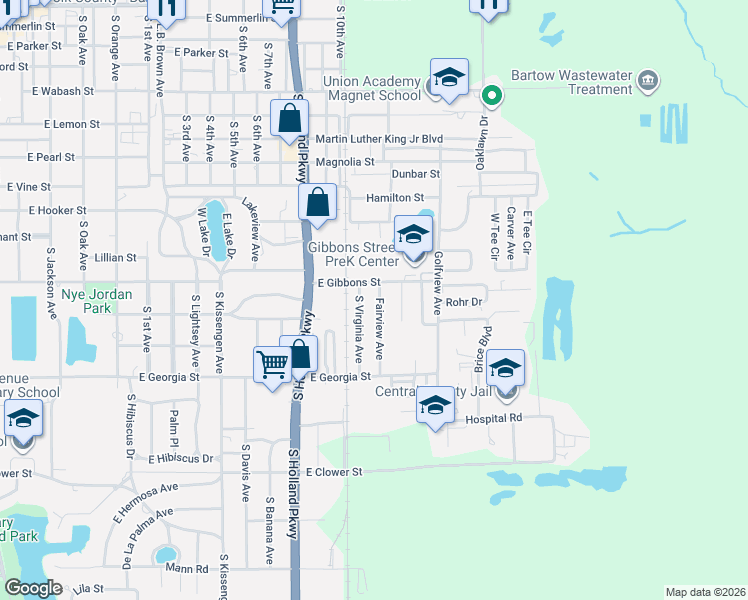 map of restaurants, bars, coffee shops, grocery stores, and more near 1165 Fairview Avenue in Bartow
