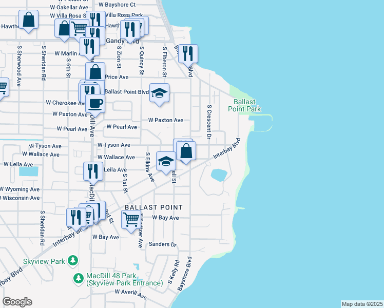 map of restaurants, bars, coffee shops, grocery stores, and more near 2609 West Lykes Court in Tampa
