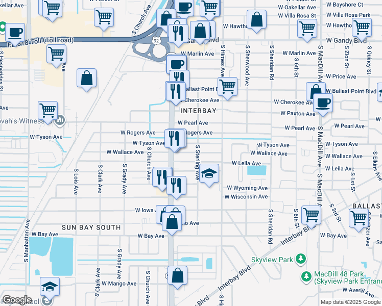 map of restaurants, bars, coffee shops, grocery stores, and more near 3702 West Wallace Avenue in Tampa