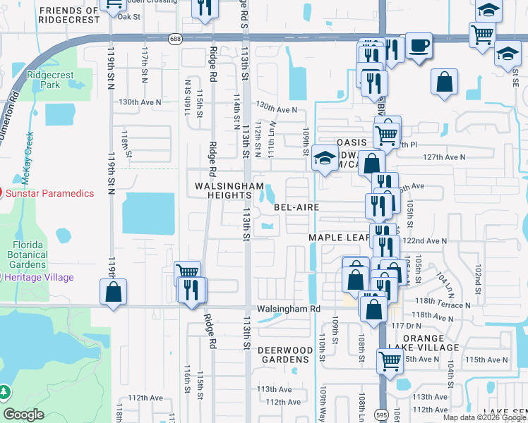 map of restaurants, bars, coffee shops, grocery stores, and more near 11201 122nd Avenue North in Largo