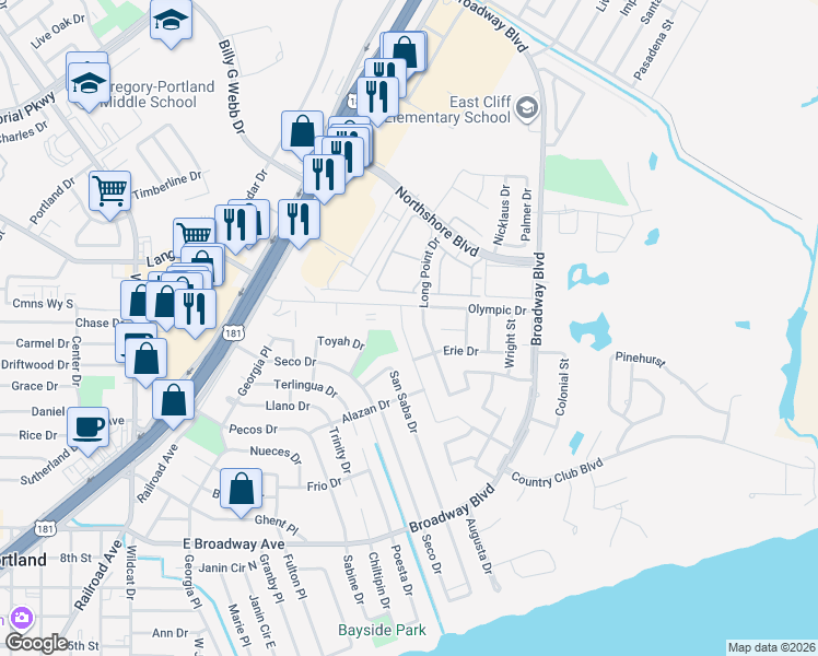map of restaurants, bars, coffee shops, grocery stores, and more near 403 Long Point Drive in Portland