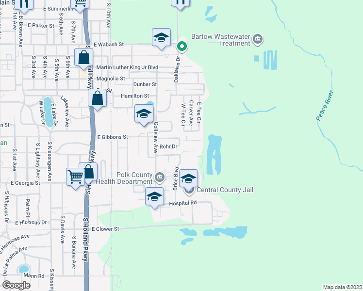 map of restaurants, bars, coffee shops, grocery stores, and more near 2295 Rohr Drive in Bartow