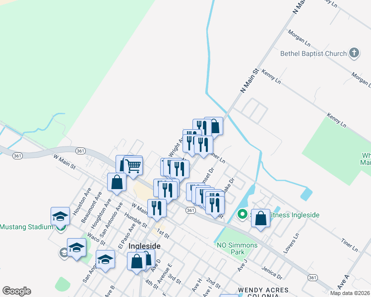 map of restaurants, bars, coffee shops, grocery stores, and more near 2635 Whitney Street in Ingleside