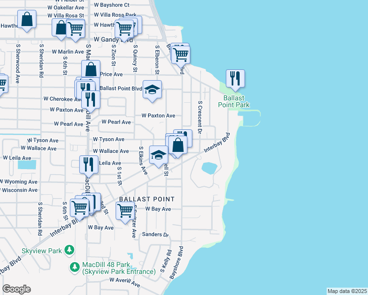 map of restaurants, bars, coffee shops, grocery stores, and more near 2609 West Lykes Court in Tampa