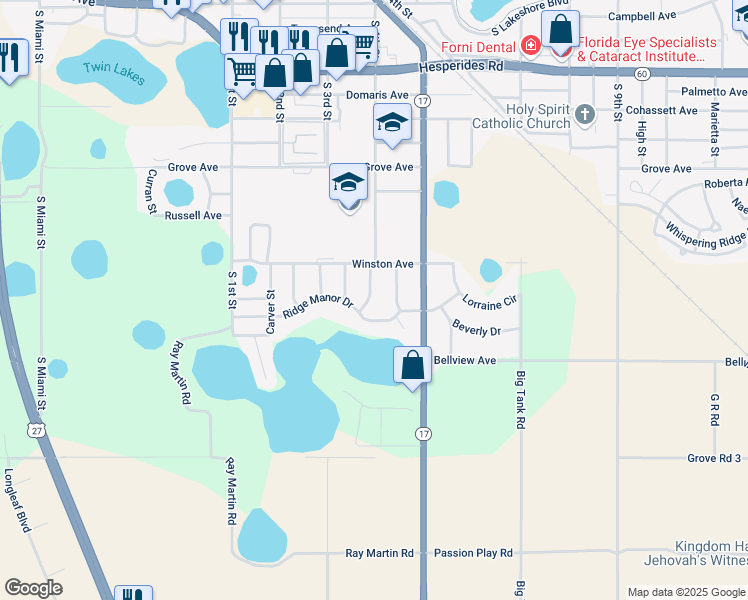 map of restaurants, bars, coffee shops, grocery stores, and more near 931 Dunkirk Place in Lake Wales