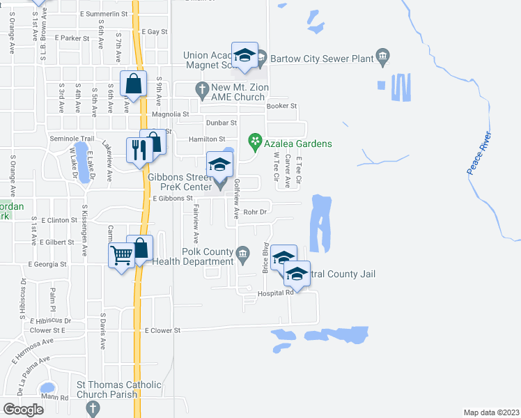 map of restaurants, bars, coffee shops, grocery stores, and more near 2230 Rohr Drive in Bartow