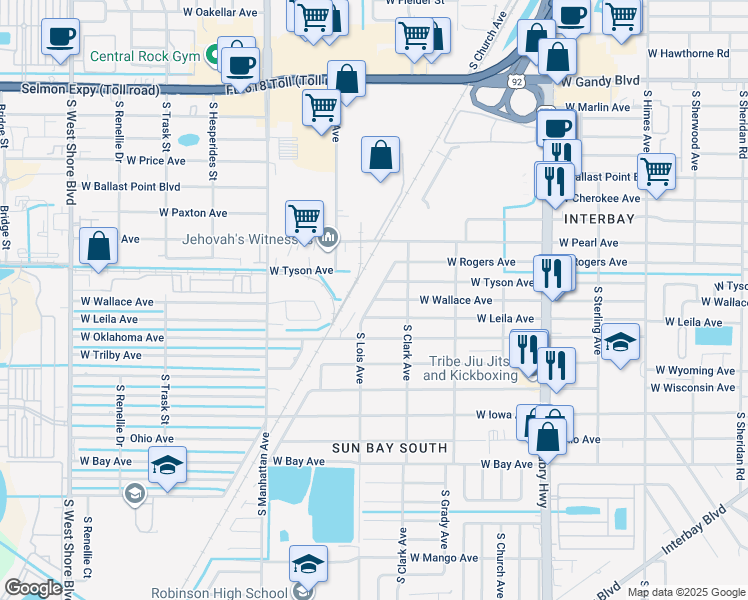 map of restaurants, bars, coffee shops, grocery stores, and more near 4202 West Wallace Avenue in Tampa