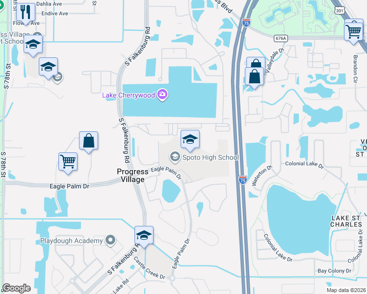 map of restaurants, bars, coffee shops, grocery stores, and more near 8538 Eagle Palm Drive in Riverview