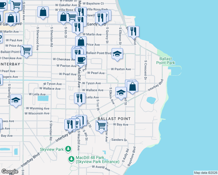 map of restaurants, bars, coffee shops, grocery stores, and more near 5407 South Elkins Avenue in Tampa
