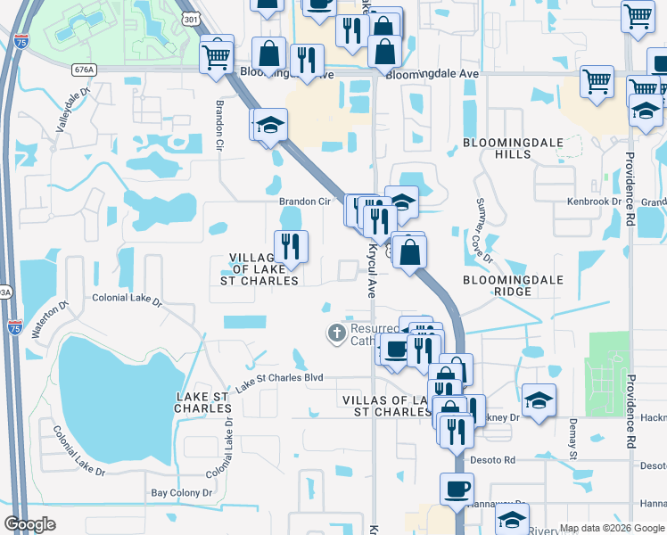 map of restaurants, bars, coffee shops, grocery stores, and more near 10529 Maronda Drive in Riverview