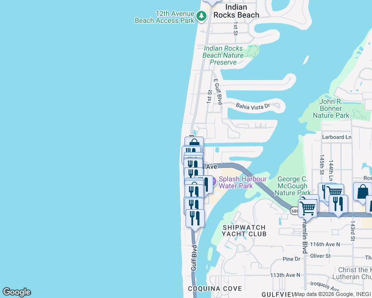 map of restaurants, bars, coffee shops, grocery stores, and more near 512 Beach Trail in Indian Rocks Beach