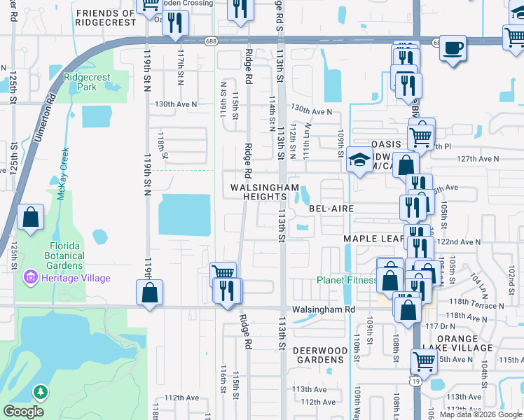 map of restaurants, bars, coffee shops, grocery stores, and more near 12361 114th Street in Largo