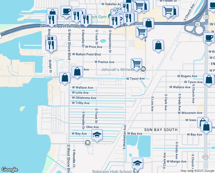 map of restaurants, bars, coffee shops, grocery stores, and more near 4425 West Wallace Avenue in Tampa