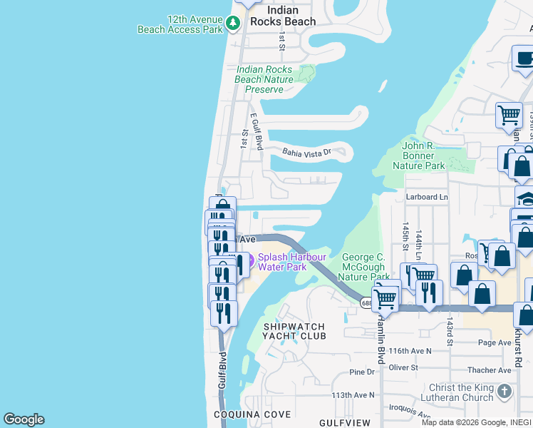 map of restaurants, bars, coffee shops, grocery stores, and more near 301 6th Avenue North in Indian Rocks Beach