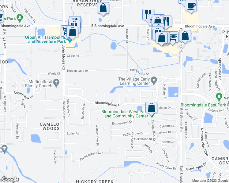 map of restaurants, bars, coffee shops, grocery stores, and more near 3803 Windtree Court in Brandon