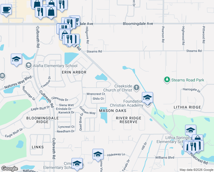 map of restaurants, bars, coffee shops, grocery stores, and more near 2531 Centennial Falcon Drive in Valrico