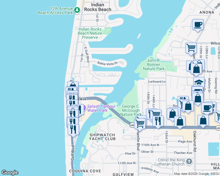 map of restaurants, bars, coffee shops, grocery stores, and more near 329 6th Avenue in Indian Rocks Beach