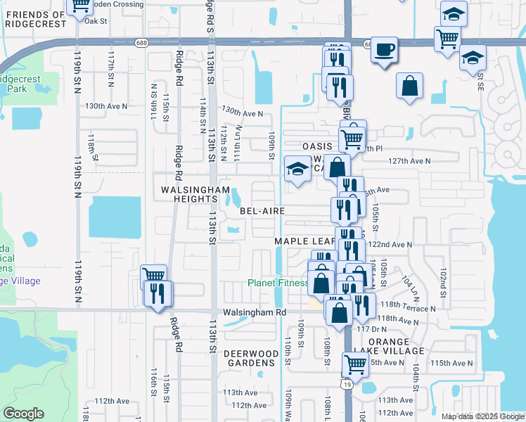 map of restaurants, bars, coffee shops, grocery stores, and more near 11300 124th Avenue North in Largo