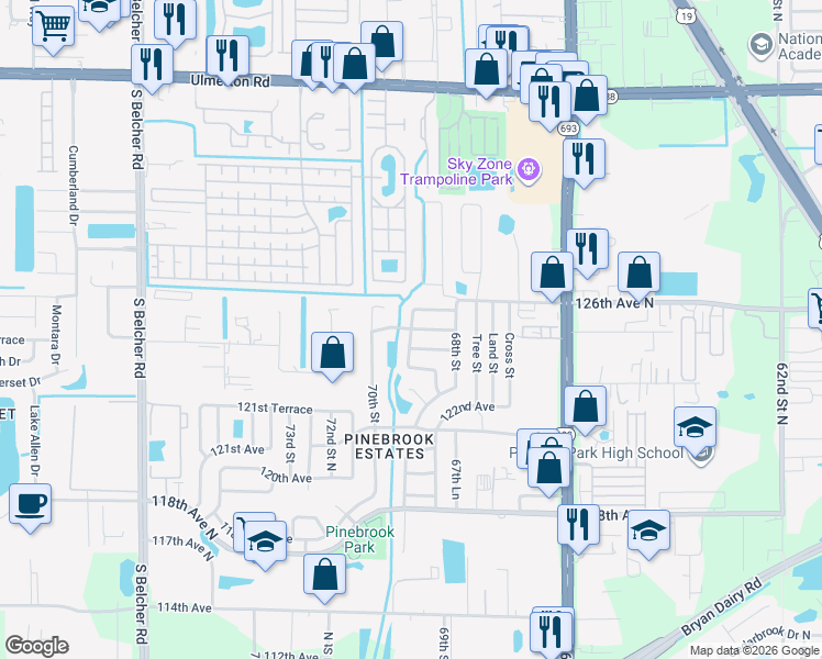map of restaurants, bars, coffee shops, grocery stores, and more near 12577 69th Street North in Largo
