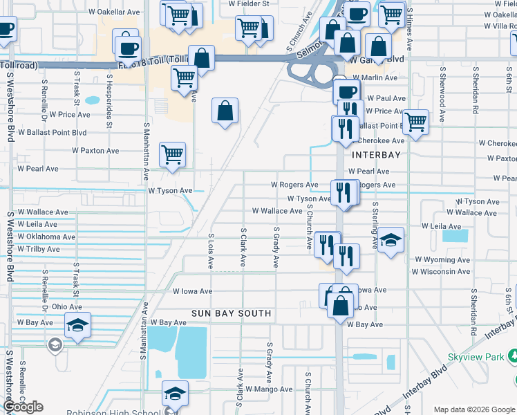 map of restaurants, bars, coffee shops, grocery stores, and more near 4009 West Wallace Avenue in Tampa