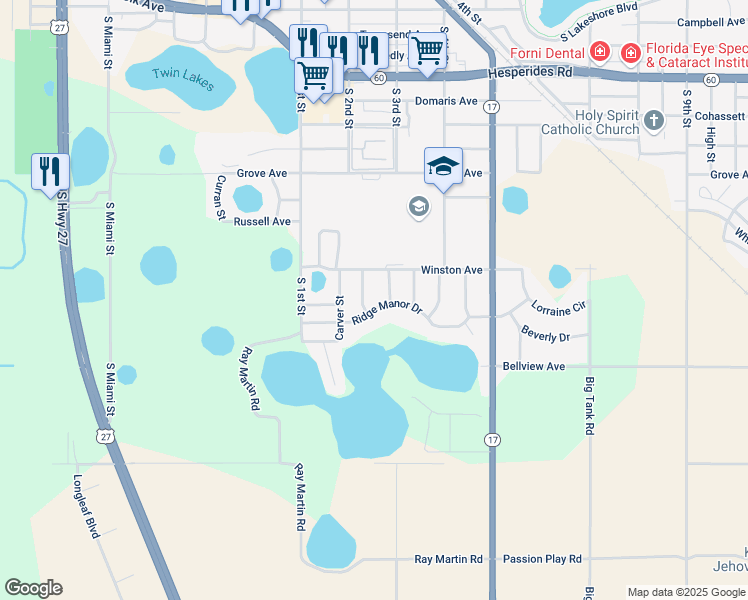 map of restaurants, bars, coffee shops, grocery stores, and more near 216 Ridge Manor Drive in Lake Wales