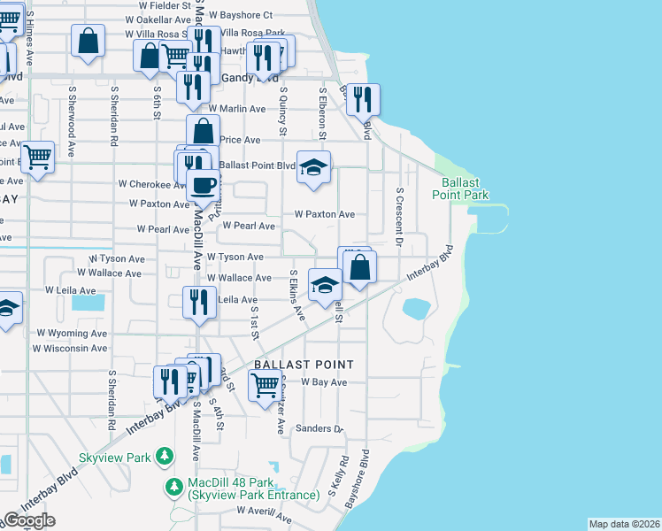 map of restaurants, bars, coffee shops, grocery stores, and more near 2704 West Tyson Avenue in Tampa