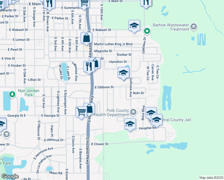 map of restaurants, bars, coffee shops, grocery stores, and more near 1125 Fairview Avenue in Bartow