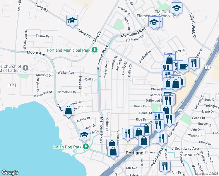 map of restaurants, bars, coffee shops, grocery stores, and more near 1501 Denver Street in Portland