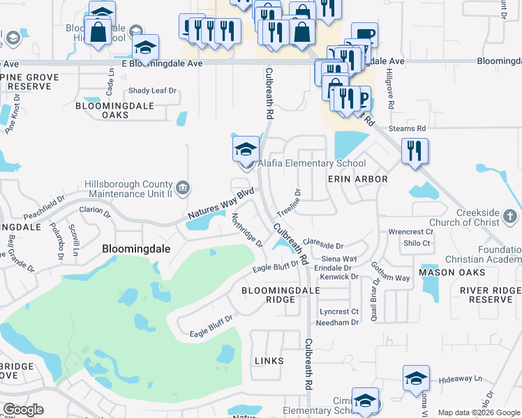 map of restaurants, bars, coffee shops, grocery stores, and more near 3926 Northridge Drive in Valrico