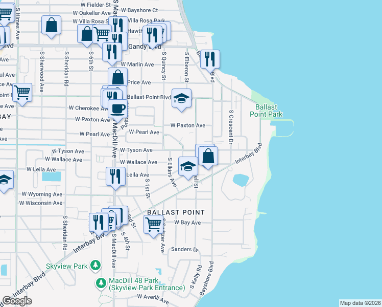 map of restaurants, bars, coffee shops, grocery stores, and more near 2709 West Leila Avenue in Tampa